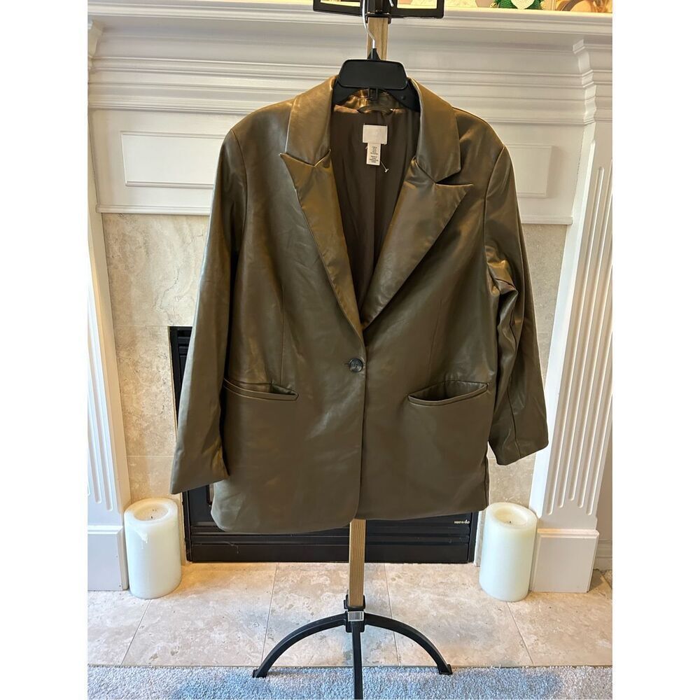 H&M Women’s Olive Green Dress Jacket Faux Leather Coat Blazer Size M